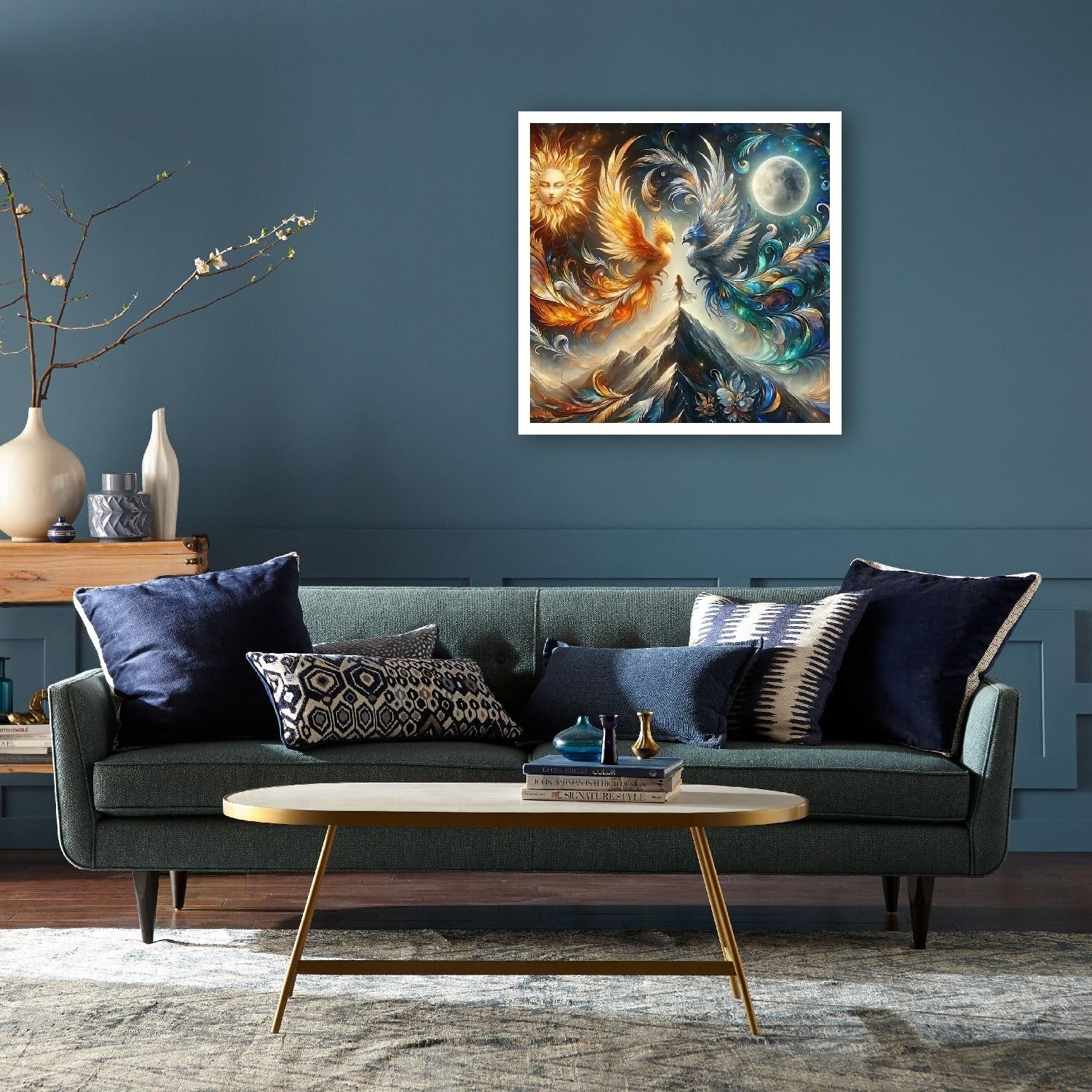 Diamond painting kit featuring a phoenix and moon design displayed on a wall above a sofa.