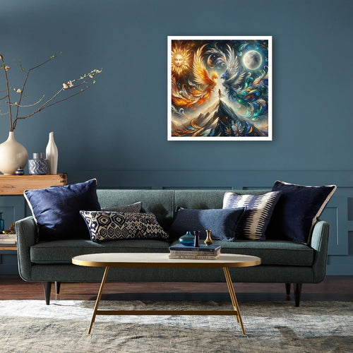 Diamond painting kit featuring a phoenix and moon design displayed on a wall above a sofa.