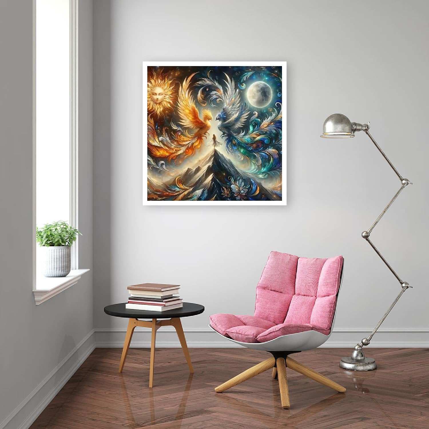 Diamond painting kit featuring a sun and moon with phoenixes, displayed in a room setting.