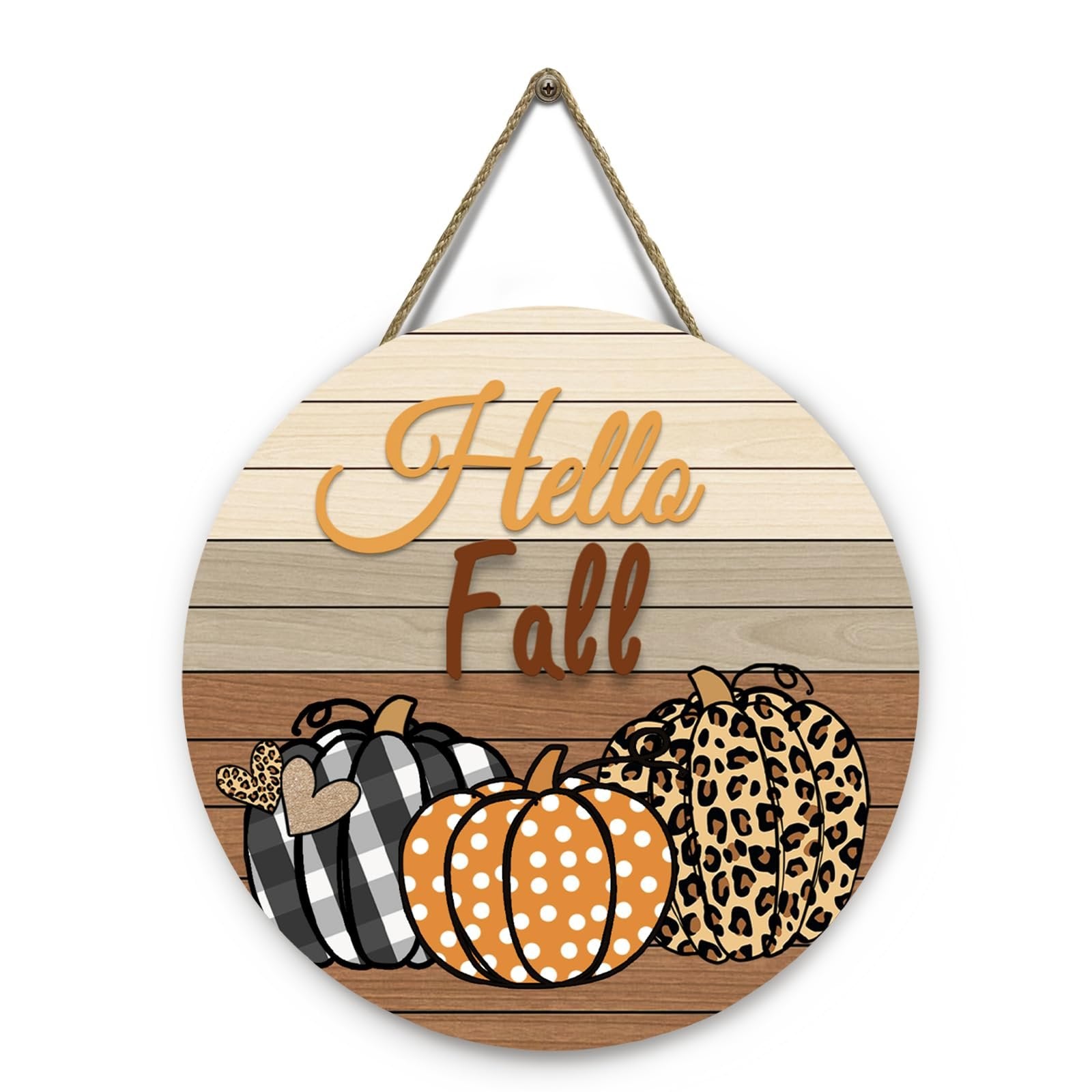Round wooden fall door sign with pumpkins and 'Hello Fall' text, hanging by a hemp rope.