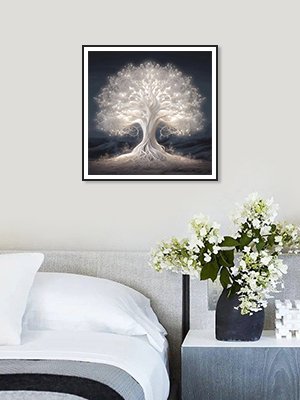 12x12 inch diamond painting kit featuring a glowing white tree of life with intricate roots, displayed on a wall above a bed.
