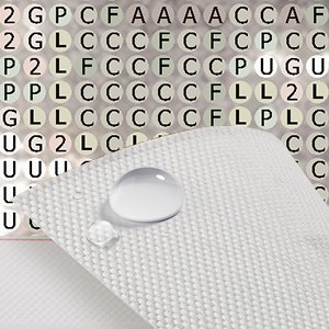 Close-up of waterproof canvas with water droplets, showing a grid of letters and numbers in the background.
