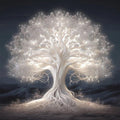 Glowing white tree of life with intricate roots and branches, set against a dark, misty background.