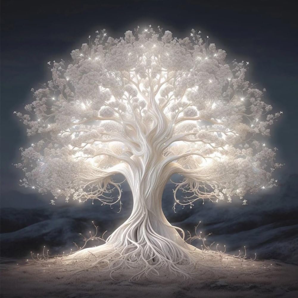 Glowing white tree of life with intricate roots and branches, set against a dark, misty background.