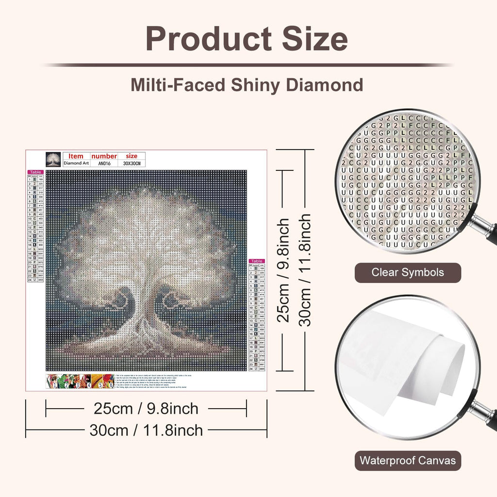 Diamond painting kit showing a tree of life design with a symbol key and size dimensions. Includes a magnifying glass view of the canvas.