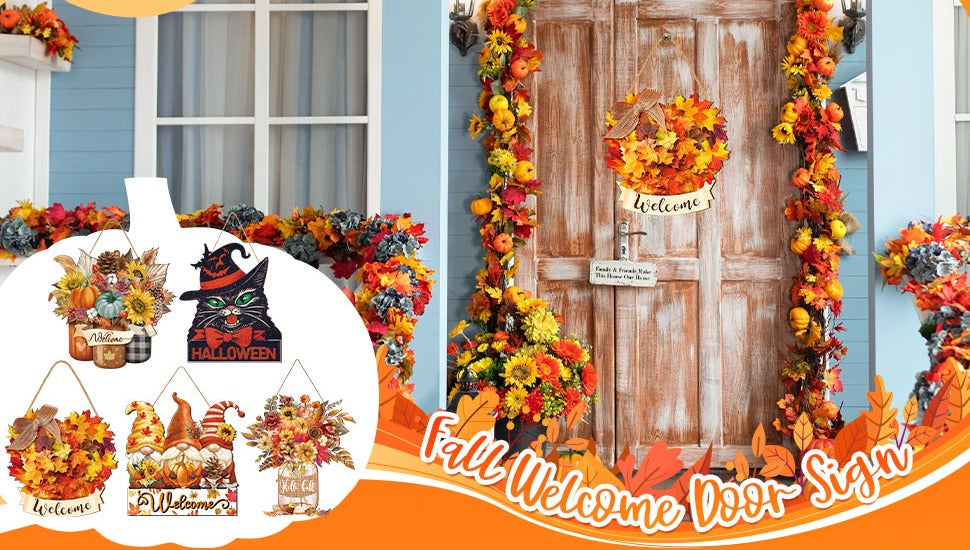 Collage of fall-themed door signs and porch decorations, including a wreath and a black cat with a witch hat.