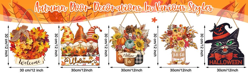 Collection of five hanging fall and Halloween door decorations, including a leaf wreath, gnomes, pumpkins, and a black cat.