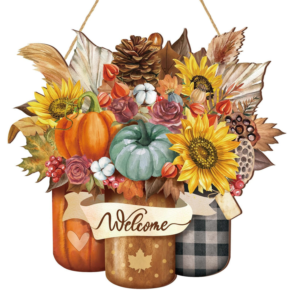Hanging fall door sign with pumpkins, sunflowers, pinecone, and leaves, featuring a 'Welcome' banner.