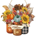 Hanging fall door sign with pumpkins, sunflowers, pinecone, and leaves, featuring a 'Welcome' banner.