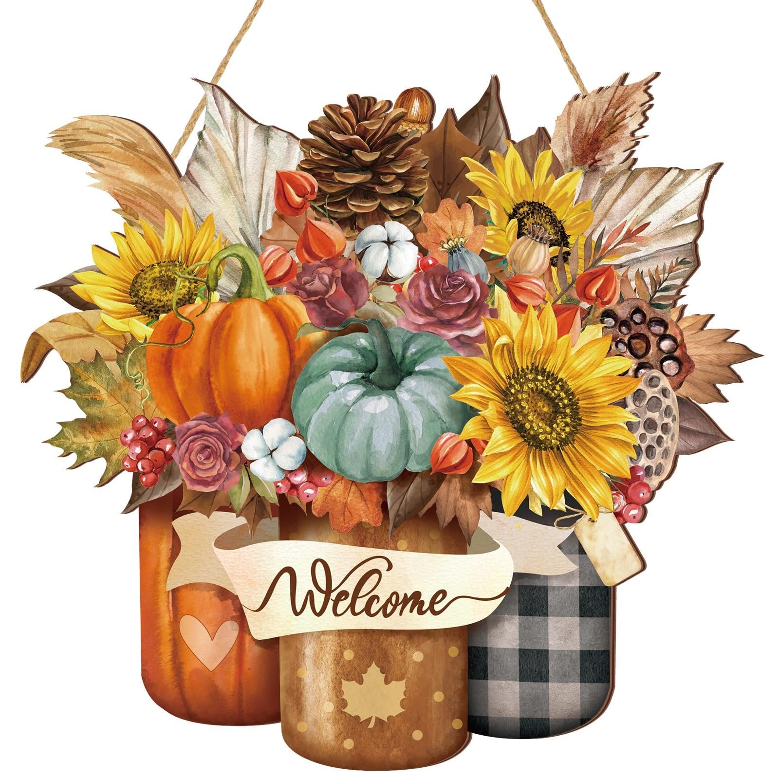 Hanging fall door sign with pumpkins, sunflowers, pinecone, and leaves, featuring a 'Welcome' banner.