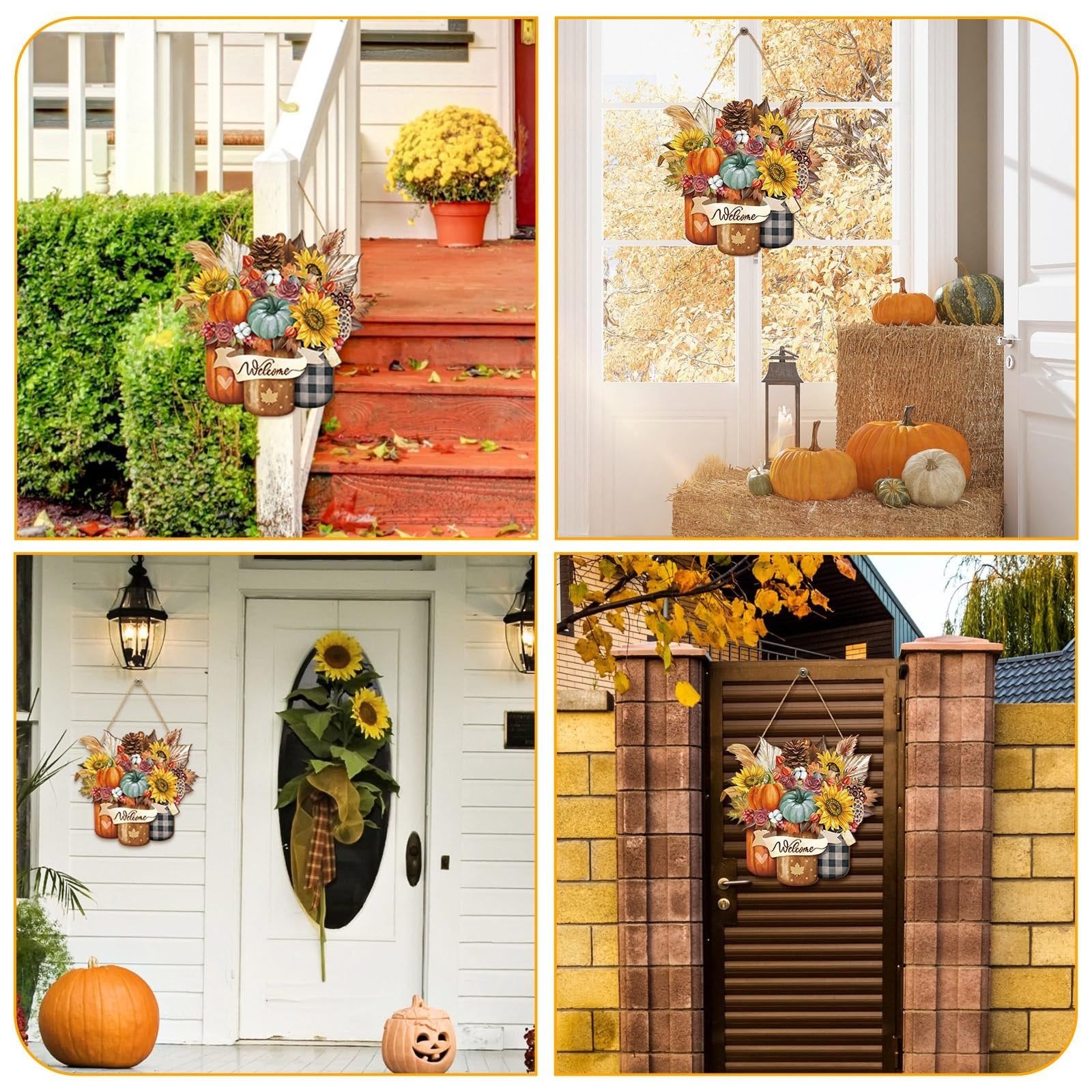 Fall harvest door sign with pumpkins, sunflowers, and maple leaves, hanging on a porch railing.