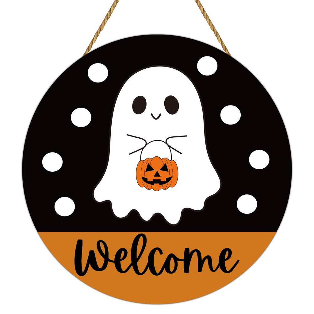 Round Halloween welcome sign featuring a ghost holding a jack-o'-lantern and the word 'Welcome' in orange.