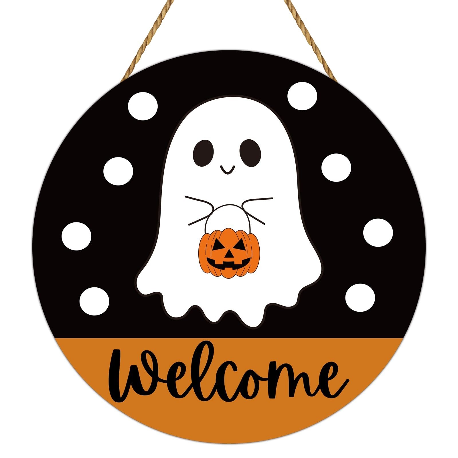 Round Halloween welcome sign featuring a ghost holding a jack-o'-lantern and the word 'Welcome' in orange.