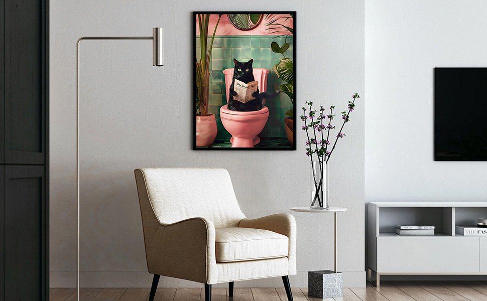 Black cat sitting on a pink toilet reading a newspaper in a bathroom setting