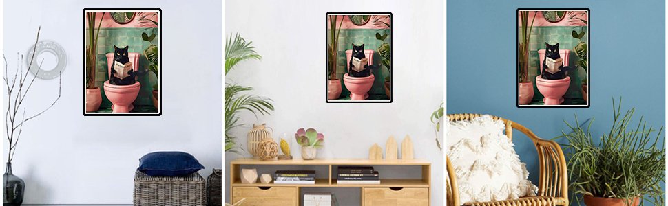 Black cat sitting on a pink toilet reading a newspaper, framed artwork in a room setting.
