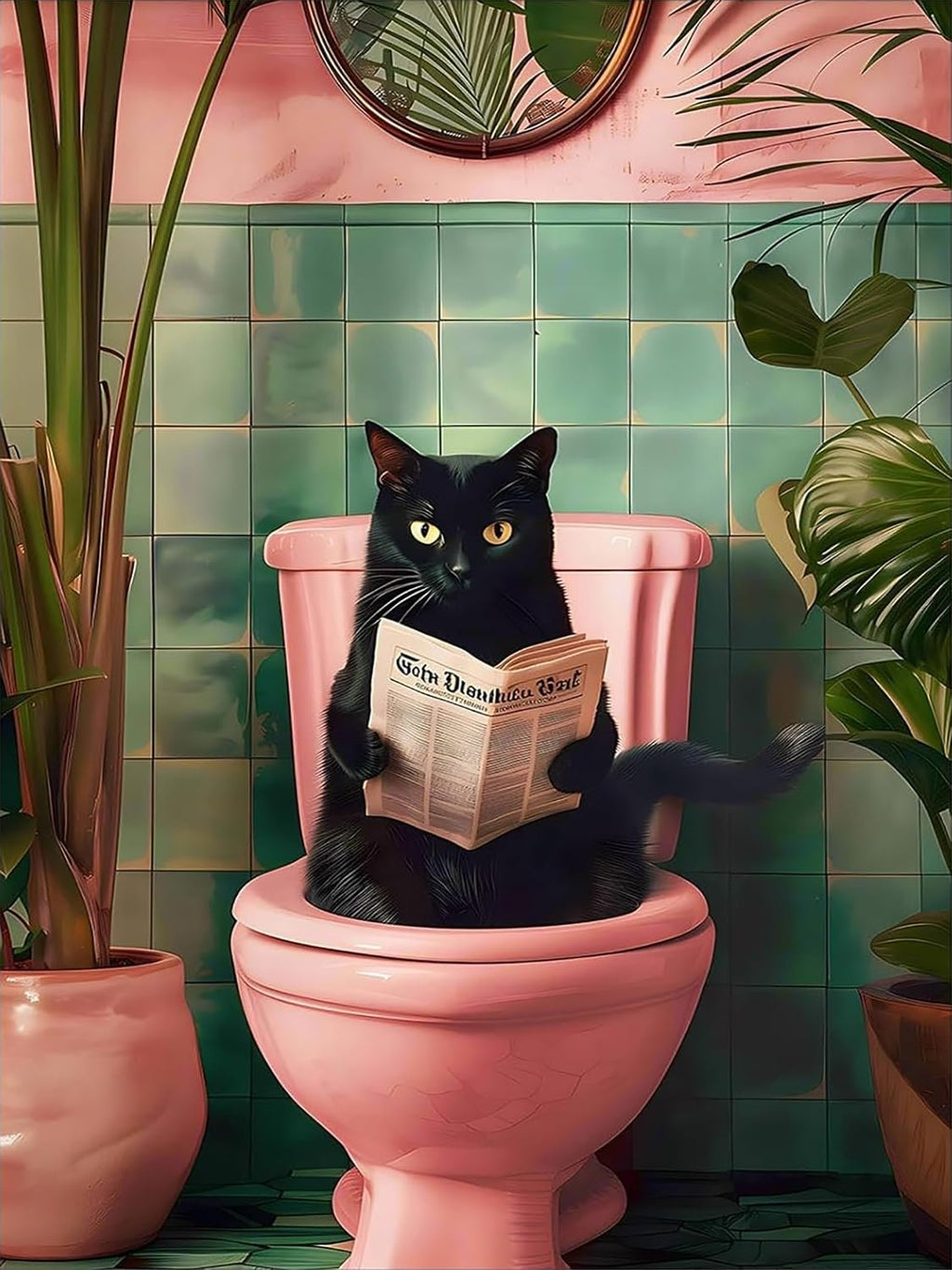Black cat sitting on a pink toilet reading a newspaper, surrounded by plants.