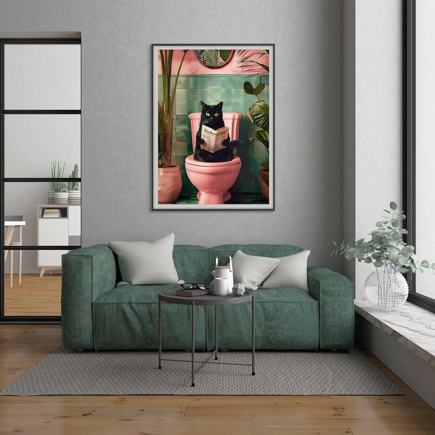 Black cat sitting on a pink toilet reading a newspaper in a bathroom with plants