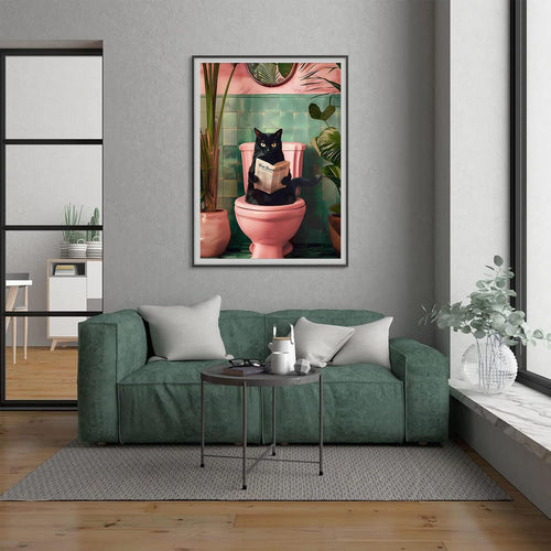 Black cat sitting on a pink toilet reading a newspaper in a bathroom with plants
