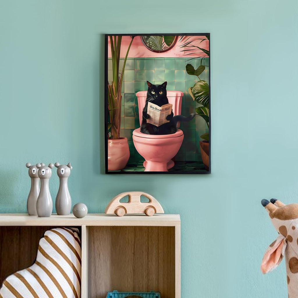 Black cat sitting on a pink toilet reading a newspaper in a bathroom setting.