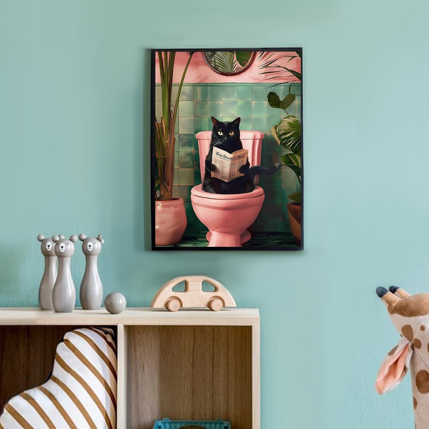 Black cat sitting on a pink toilet reading a newspaper in a bathroom setting.