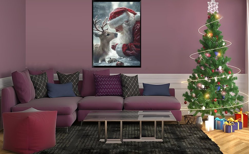 Living room scene with a sectional sofa, coffee table, Christmas tree, and framed artwork of Santa Claus and a deer.