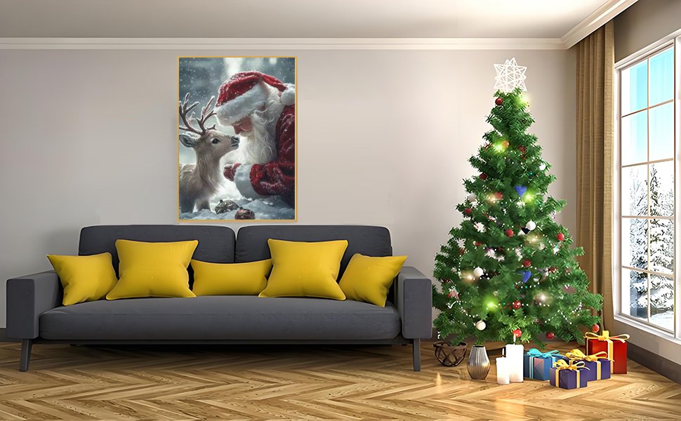 Christmas living room scene with a diamond painting of Santa Claus and a deer above a sofa, next to a decorated Christmas tree.
