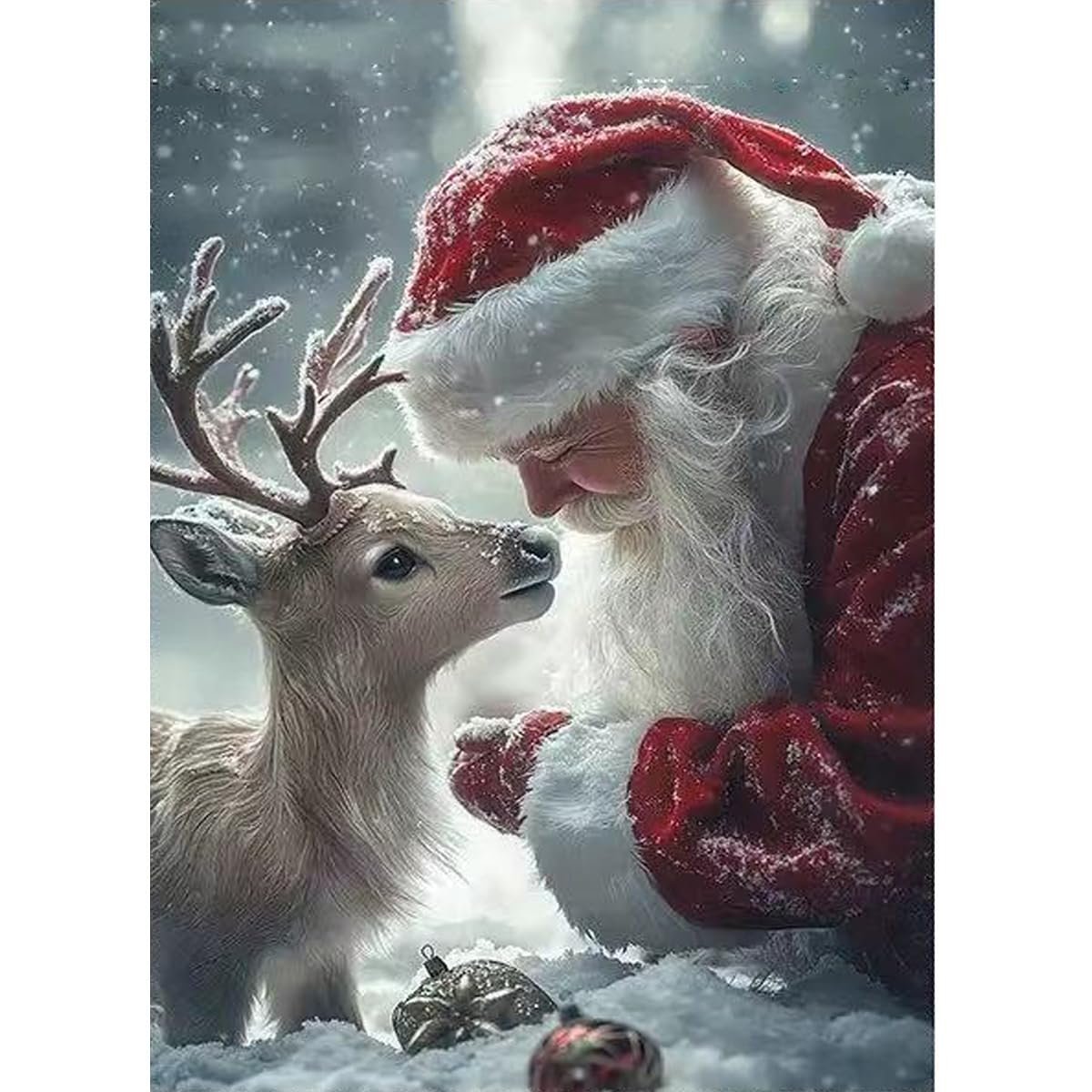 Diamond painting kit image of Santa Claus and a young deer in a snowy forest setting with Christmas ornaments.