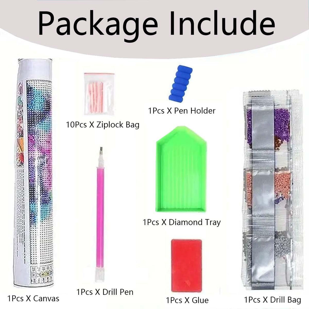 Diamond painting kit contents including canvas, drill pen, ziplock bags, pen holder, diamond tray, glue, and drill bags.
