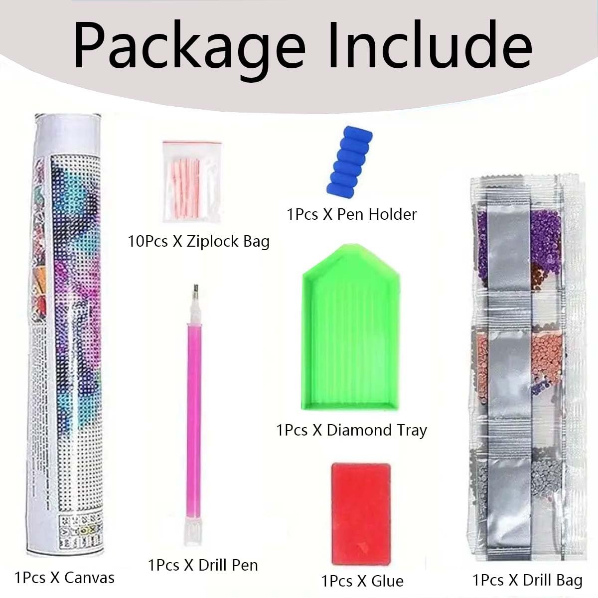 Diamond painting kit contents including canvas, drill pen, ziplock bags, pen holder, diamond tray, glue, and drill bags.