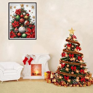 Diamond painting of a decorated Christmas tree with poinsettias and stars, displayed above a fireplace with stockings.