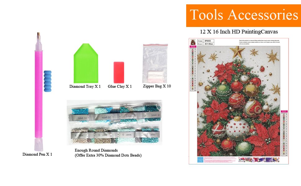 Diamond painting kit contents including pen, tray, glue, bags, and diamond beads, with a Christmas tree design canvas.