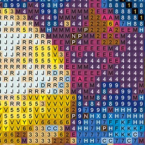 Diamond painting kit grid with color codes and symbols, close-up view.