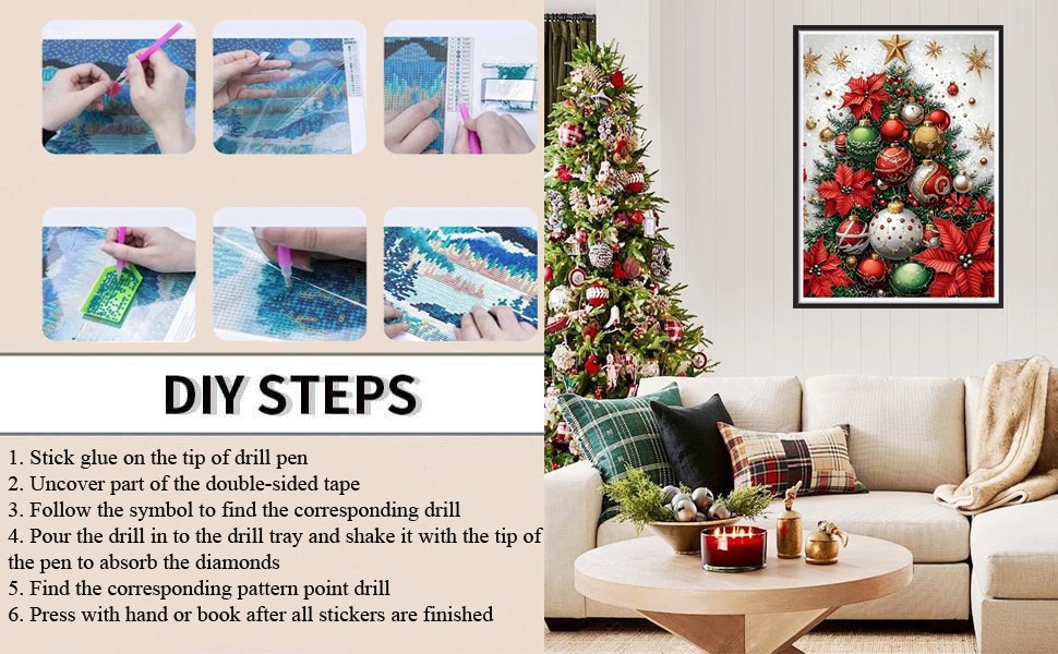 Diamond painting kit showing DIY steps and a finished Christmas tree artwork displayed in a living room setting.