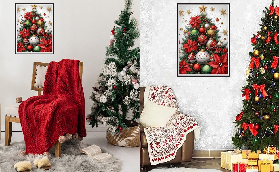 Christmas tree diamond painting kit displayed on a wall next to a decorated Christmas tree and cozy seating areas.