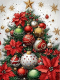 Close-up of a decorated Christmas tree with red poinsettias and ornaments, featuring a gold star on top.