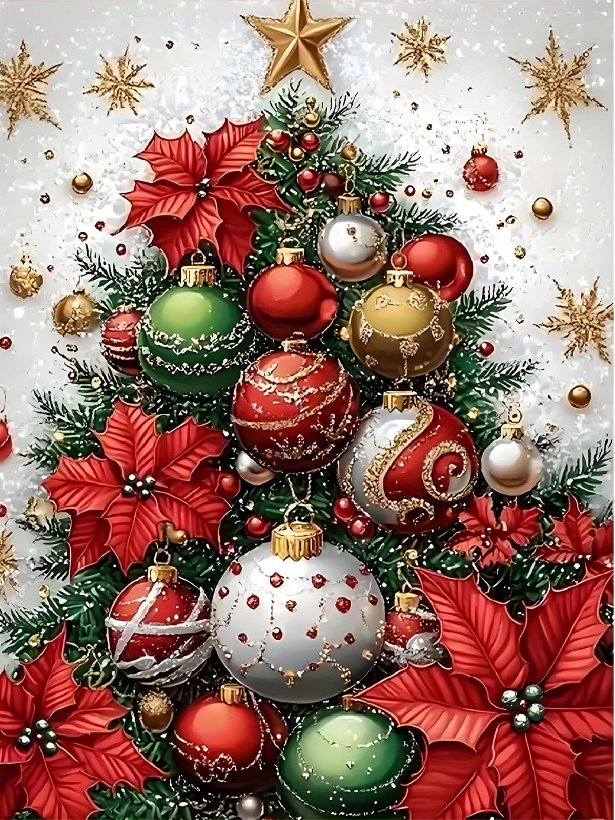 Close-up of a decorated Christmas tree with red poinsettias and ornaments, featuring a gold star on top.