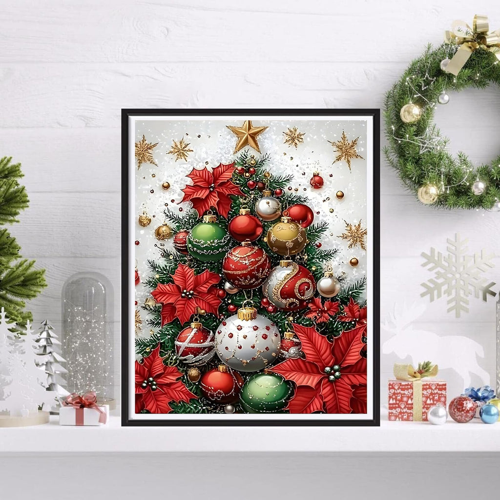 Framed Christmas tree diamond painting with red poinsettias and ornaments, displayed on a shelf with a wreath.