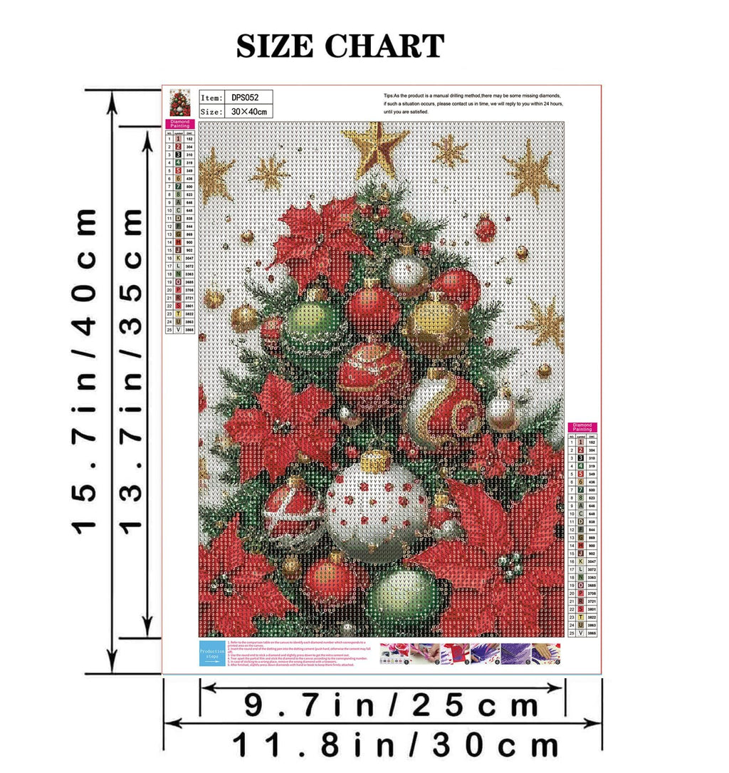 Diamond painting size chart showing a Christmas tree design with dimensions in inches and centimeters.