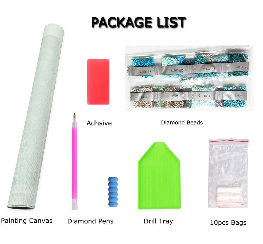 Diamond painting kit contents laid out: rolled canvas, pink diamond pen, red adhesive, blue grip, green drill tray, bags of diamond beads, and a red eraser.