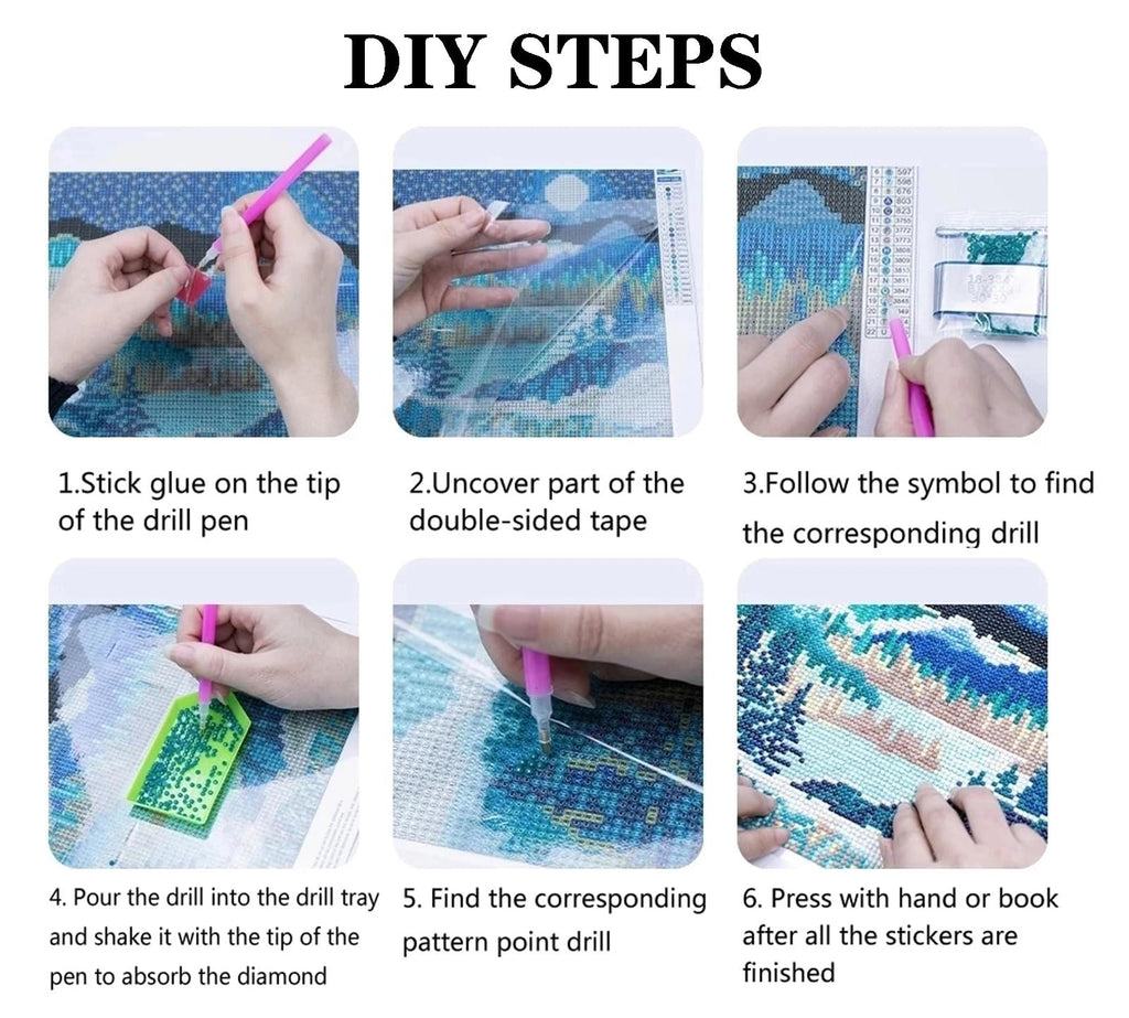 Diamond painting DIY steps illustrated with six images showing glue application, tape uncovering, symbol matching, drill pouring, and diamond placement.