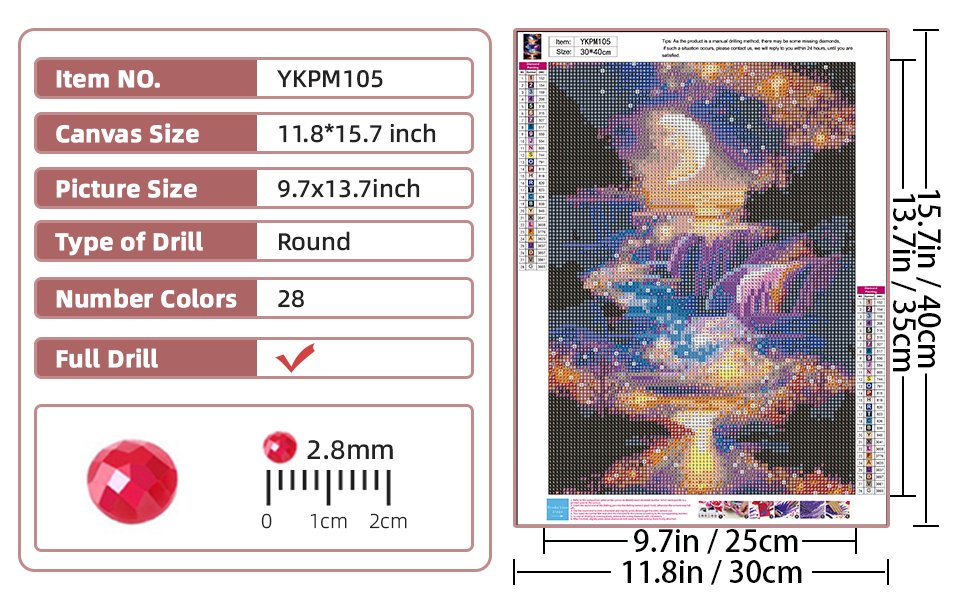 Diamond painting kit showing a moonlit waterfall scene with color chart and size dimensions.