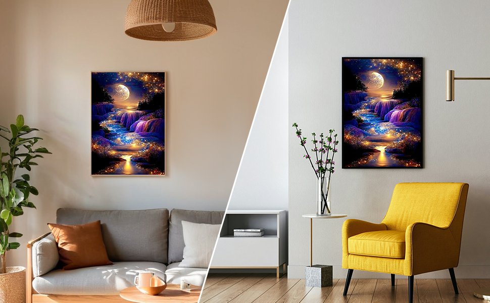 Diamond painting of a moonlit waterfall with sparkling lights, displayed in two different living room settings.