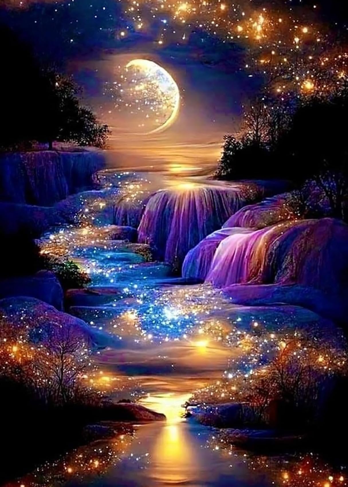 Diamond painting kit featuring a mystical moonlit waterfall with sparkling lights and trees.