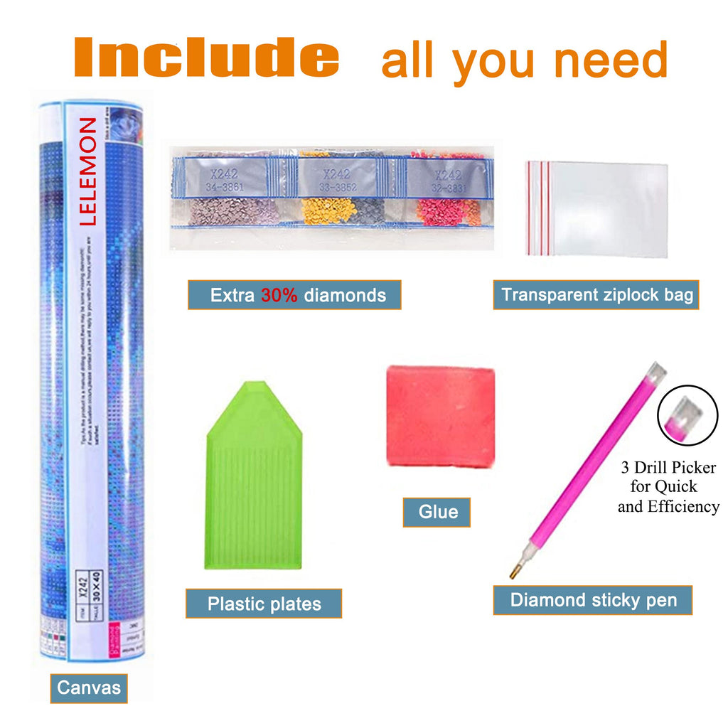 Diamond painting kit contents including rolled canvas, diamond bags, plastic plates, glue, and drill picker.