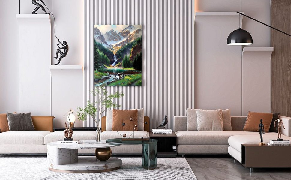 Living room with a mountain waterfall diamond painting hanging on the wall above a sofa