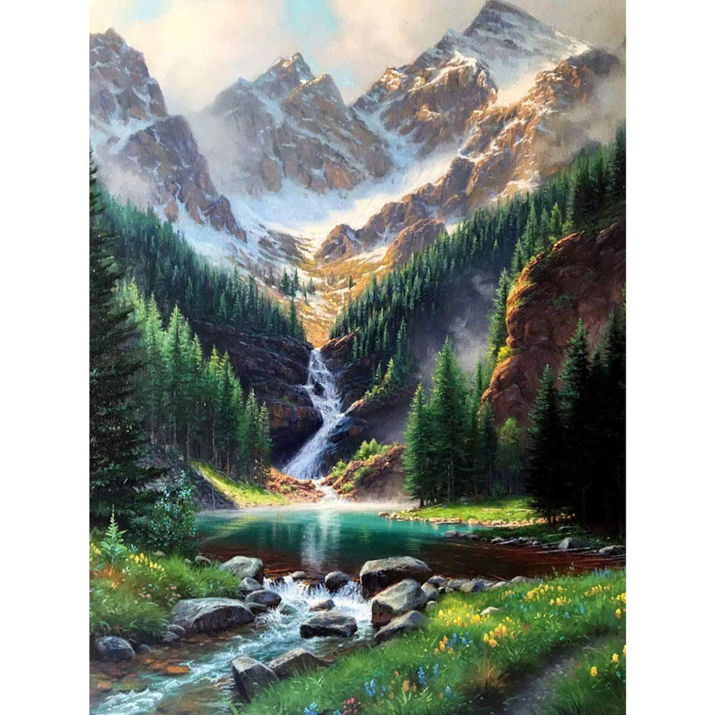 Diamond painting kit showing a serene mountain landscape with a waterfall cascading into a clear lake, surrounded by pine trees and wildflowers.