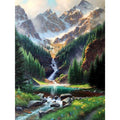 Diamond painting kit showing a serene mountain landscape with a waterfall cascading into a clear lake, surrounded by pine trees and wildflowers.