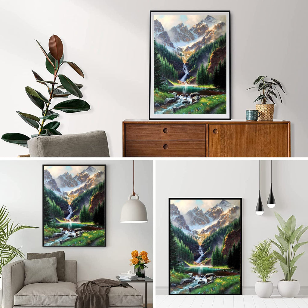 Collage of three framed diamond paintings depicting a mountain waterfall landscape, shown in different home interior settings.
