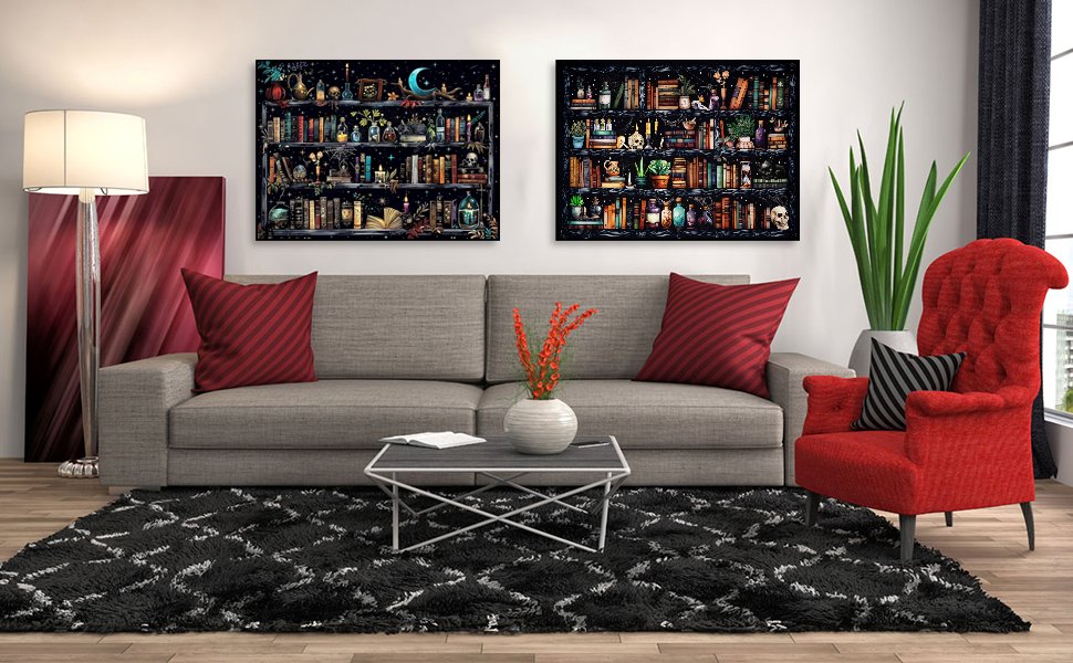Two gothic skull bookshelf diamond paintings hanging above a sofa in a living room setting.