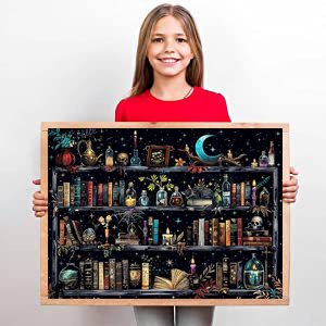 Girl holding a 12x16 inch diamond painting kit featuring a goth skull bookshelf design on a black background.